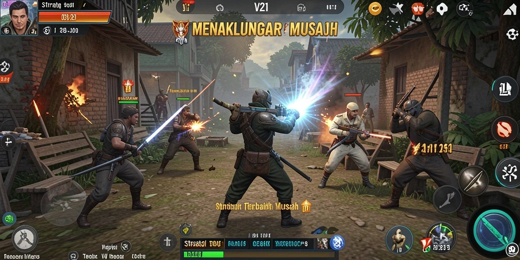 Screenshot permainan V21 menampilkan pertempuran yang intens dan strategis.